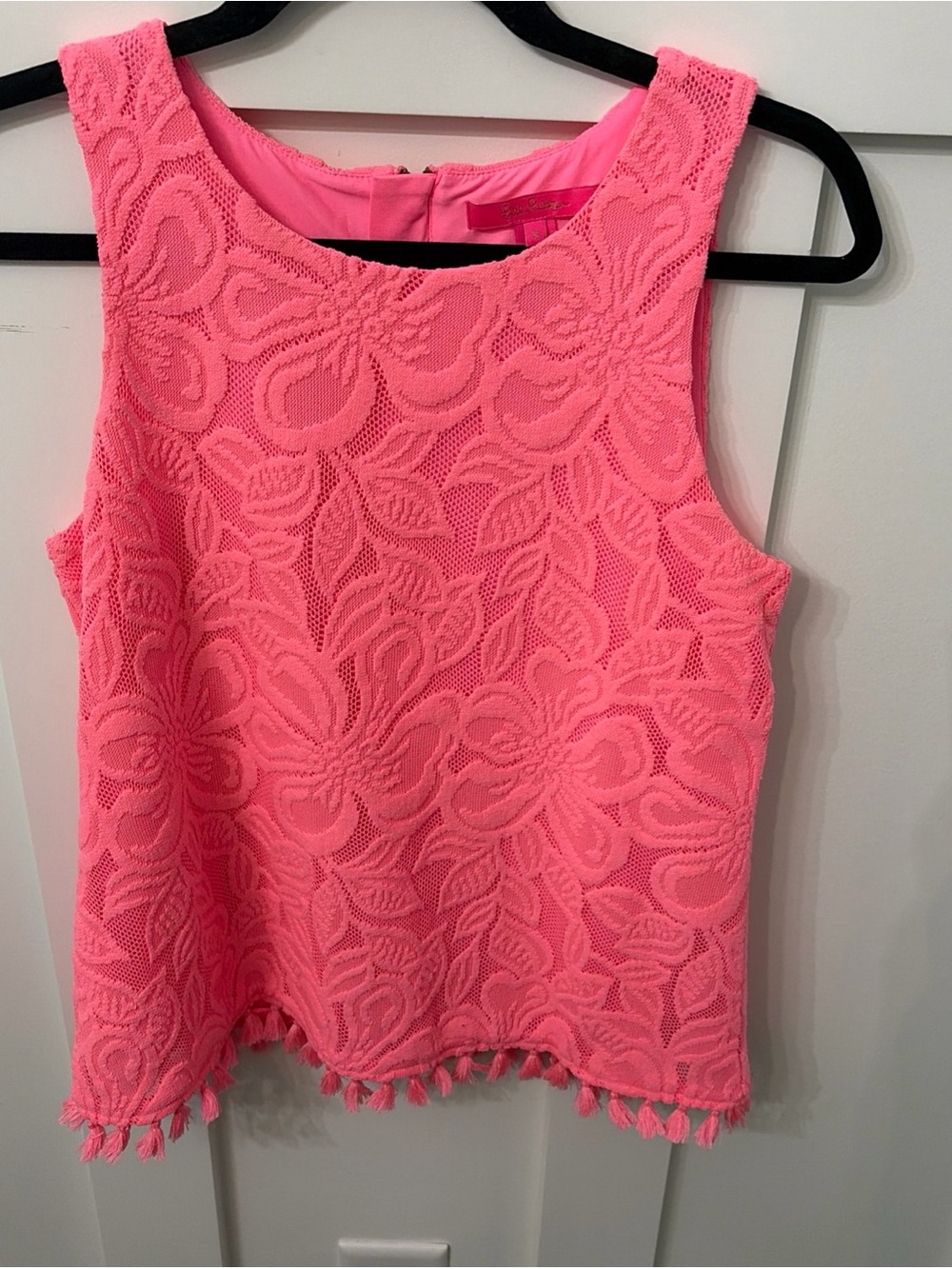 Lilly Pulitzer Maybelle Hot Pink Floral Lace Tank with Tassel Trim
